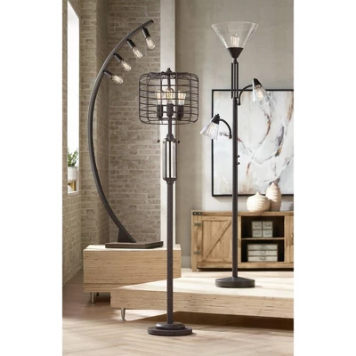 Franklin Iron Works Warwick Industrial Torchiere Floor Lamp With Side Lights 71 1/2" Tall Tiger Bronze LED Clear Seedy Glass For Living Room Reading - Image 7