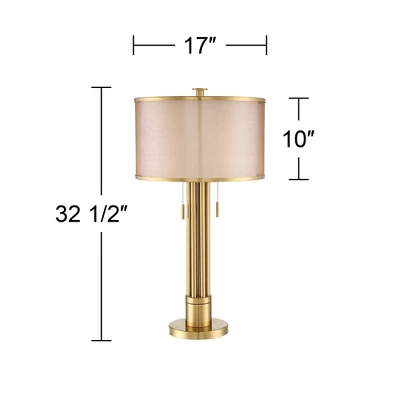 Possini Euro Design Granview Modern Table Lamp 32 1/2" Tall Brass Column Taupe Organza Outer Off White Linen Inner Drum Shade For Bedroom Living Room - Image 7