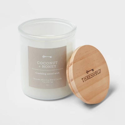 9oz Milky White Glass Woodwick Candle With Wood Lid And Stamped Logo Coconut And Honey - Threshold⢠- Image 2