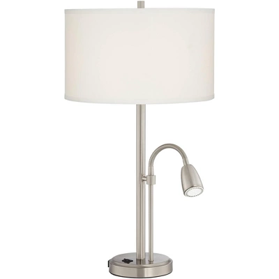 Possini Euro Design Traverse Modern Table Lamps Set Of 2 29 1/2" Tall Brushed Nickel With USB Charging Port LED Gooseneck White Drum Shade For Desk - Image 6