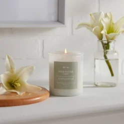 9oz Milky White Glass Woodwick Candle With Wood Lid And Stamped Logo Rainwater Lily - Thresholdā¢