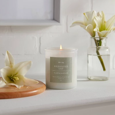 9oz Milky White Glass Woodwick Candle With Wood Lid And Stamped Logo Rainwater Lily - Thresholdâ˘