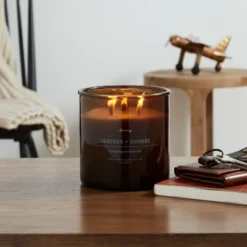 23oz XL 3-Wick Leather + Embers Wooden Amber Glass With Wood Lid And Stamped Logo Amber - Thresholdâ˘