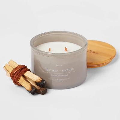 14oz Lidded Gray Glass Jar Crackling Wooden 3-Wick Candle With Clear Label Leather + Embers - Threshold⢠- Image 2