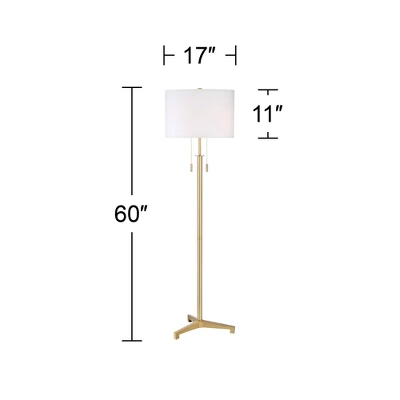 Possini Euro Design Encino Modern Tripod Floor Lamp Standing 60" Tall Brass Gold Metal Off White Fabric Drum Shade For Living Room Bedroom Office Home - Image 4