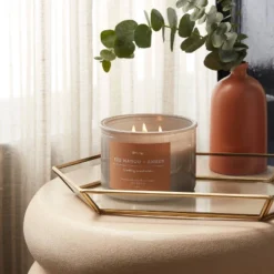 14oz Lidded Gray Glass Jar Crackling Wooden 3-Wick Candle With Paper Label Red Mango + Amber - Thresholdâ˘