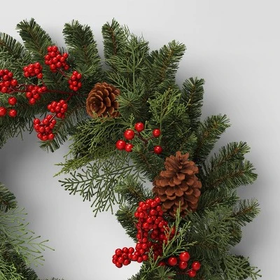 28" Mixed Greenery And Cedar With Pinecones And Red Berries Artificial Christmas Wreath Green - Wondershop⢠- Image 2