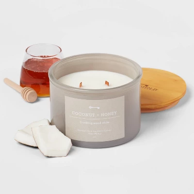 14oz Lidded Gray Glass Jar Crackling Wooden 3-Wick Candle With Paper Label Coconut And Honey - Threshold™ - Image 2