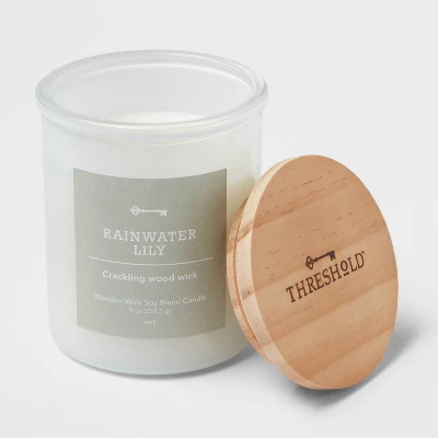 9oz Milky White Glass Woodwick Candle With Wood Lid And Stamped Logo Rainwater Lily - Threshold⢠- Image 2
