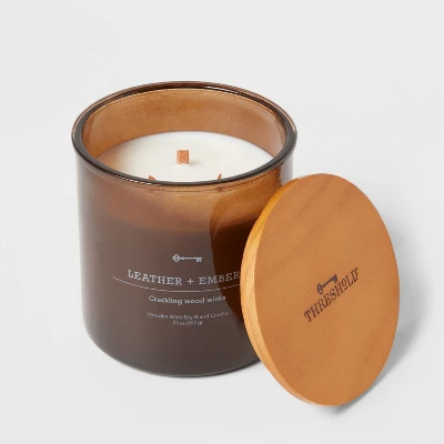 23oz XL 3-Wick Leather + Embers Wooden Amber Glass With Wood Lid And Stamped Logo Amber - Threshold⢠- Image 2