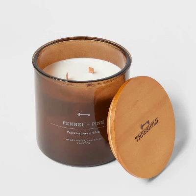 23oz XL 3-Wick Fennel + Pine Wooden Amber Glass With Wood Lid And Stamped Logo Amber Candle - Threshold⢠- Image 2