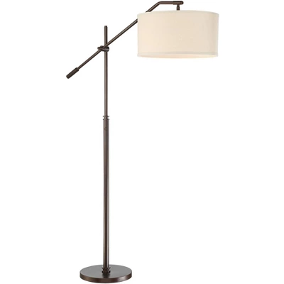 Possini Euro Design Industrial Floor Lamp Adjustable Arm 62.5" Tall Oiled Bronze Metal Light Brown Linen Drum Shade For Living Room Reading - Image 6