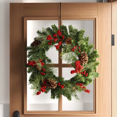 28" Mixed Greenery And Cedar With Pinecones And Red Berries Artificial Christmas Wreath Green - Wondershopâ˘
