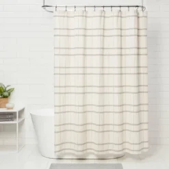 Woven Modern Plaid Shower Curtain Ivory - Thresholdâ˘