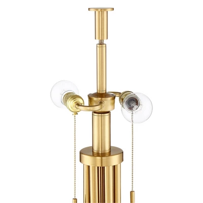 Possini Euro Design Granview Modern Table Lamp 32 1/2" Tall Brass Column Taupe Organza Outer Off White Linen Inner Drum Shade For Bedroom Living Room - Image 4