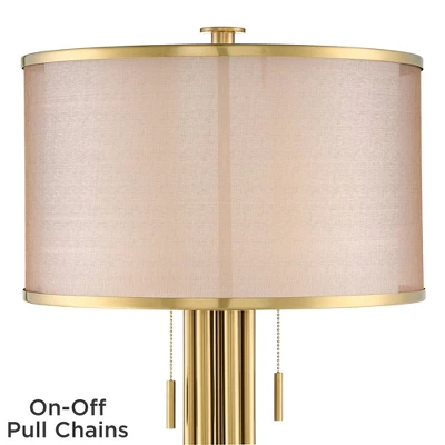 Possini Euro Design Granview Modern Table Lamp 32 1/2" Tall Brass Column Taupe Organza Outer Off White Linen Inner Drum Shade For Bedroom Living Room - Image 3