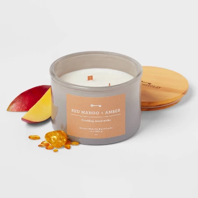 14oz Lidded Gray Glass Jar Crackling Wooden 3-Wick Candle With Paper Label Red Mango + Amber - Threshold⢠- Image 2