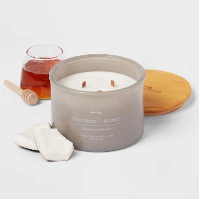 14oz Lidded Gray Glass Jar Crackling Wooden 3-Wick Candle With Clear Label Coconut And Honey - Threshold⢠- Image 2