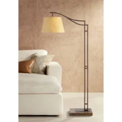 Franklin Iron Works Tahoe Rustic Industrial Downbridge Arc Floor Lamp 60" Tall Bronze Metal Faux Leather Empire Shade For Living Room Reading Bedroom