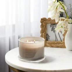 14oz Lidded Gray Glass Jar Crackling Wooden 3-Wick Candle With Clear Label Eucalyptus + Palm - Thresholdâ˘