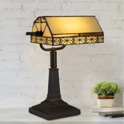 Hastings Home Tiffany Style Bankers LED Desk Lamp ā 16" High, Dark Brown