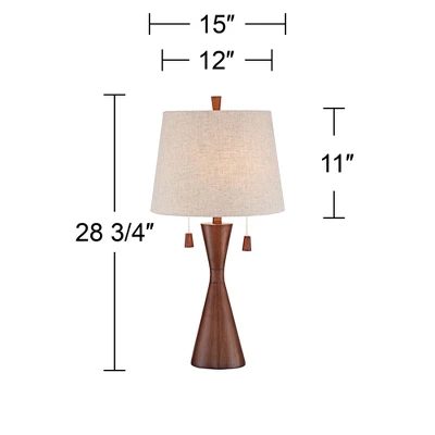 360 Lighting Omar Modern Table Lamp 28 3/4" Tall Warm Brown Wood Hourglass Oatmeal Fabric Drum Shade For Bedroom Living Room Bedside Nightstand Office - Image 3