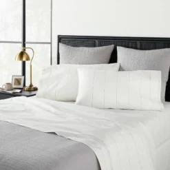 2pk Standard Cotton Percale Thin Stripe Pillowcase Set Sour Cream/Railroad Gray - Hearth & Hand⢠With Magnolia