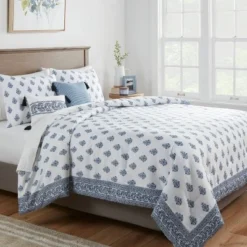 5pc Block Print With Border Comforter Bedding Set White/Blue - Thresholdâ˘
