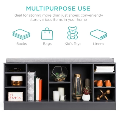 Best Choice Products 46in Shoe Storage Organization Rack Bench For Entryway, Bedroom W/ Padded Seat, 10 Cubbies - Gray - Image 2